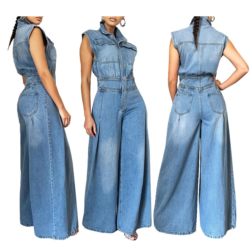 Leisure Washed-out Sleeveless Denim One-piece Wide-leg Pants Women