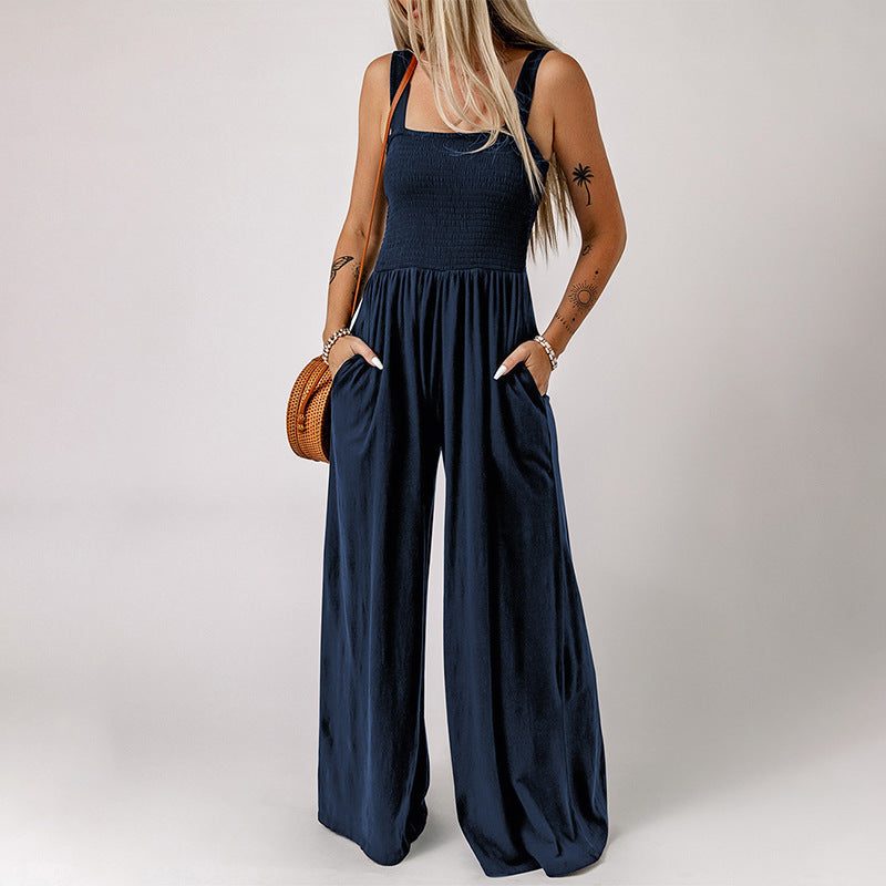 Summer Square Neck High Waist Jumpsuit Women's Backless Pleated Design Wide Leg Trousers Clothing