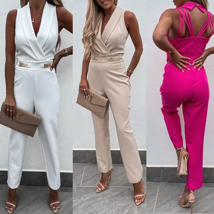 Women's Summer Solid Color Slim Fit Backless Fashion Jumpsuit