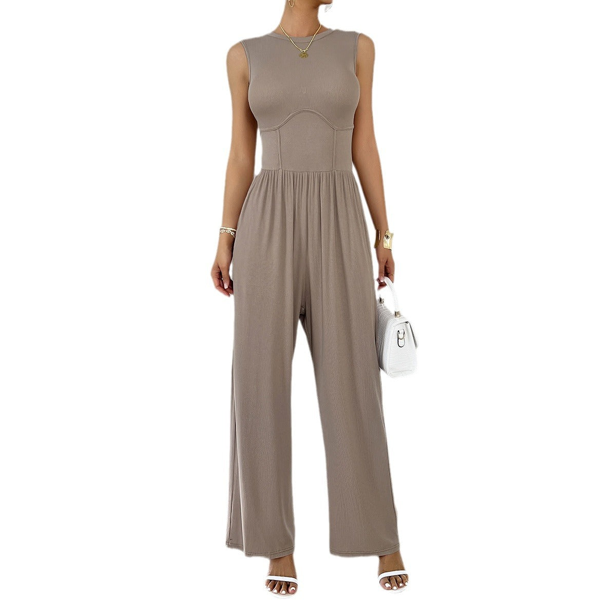 Temperament Pure Color Slim Sleeveless Jumpsuit