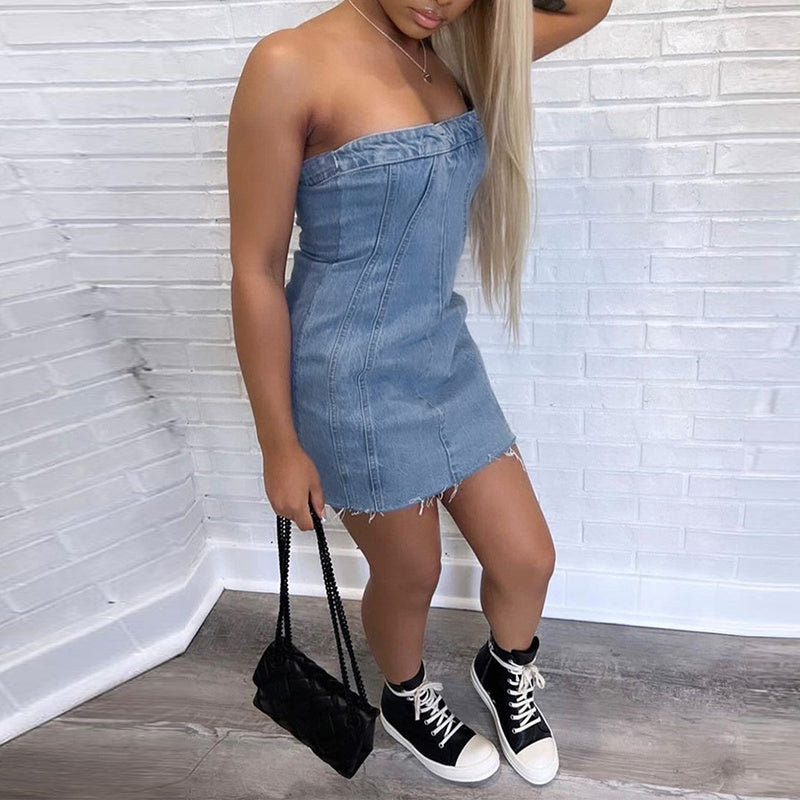 Fashion Backless Tube Denim Dress Summer Sexy Y2K Slim Short Dresses For Women Clothing